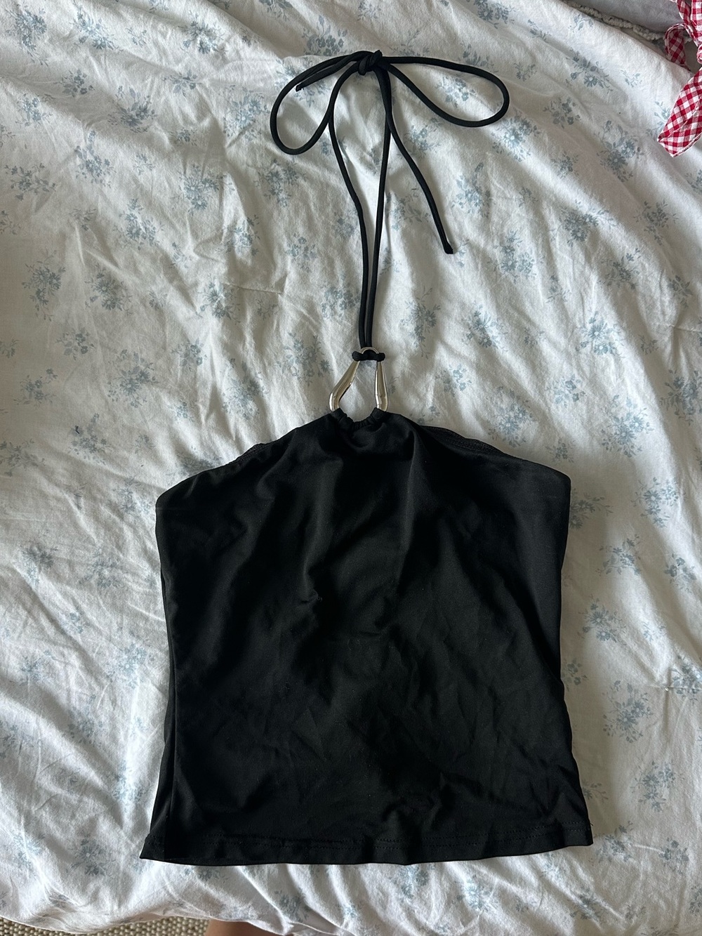 Princess Polly Black Halter Top with Silver Ring